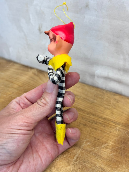 Vintage Christmas Knee Hugger Elf Pixie Black Plaid Japan Ornament #1633