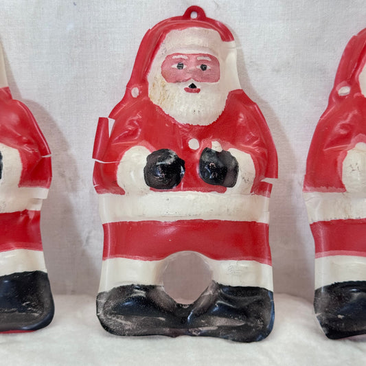3 Thin Plastic Santa Cut-Out Ornaments Flawed Vintage #2096