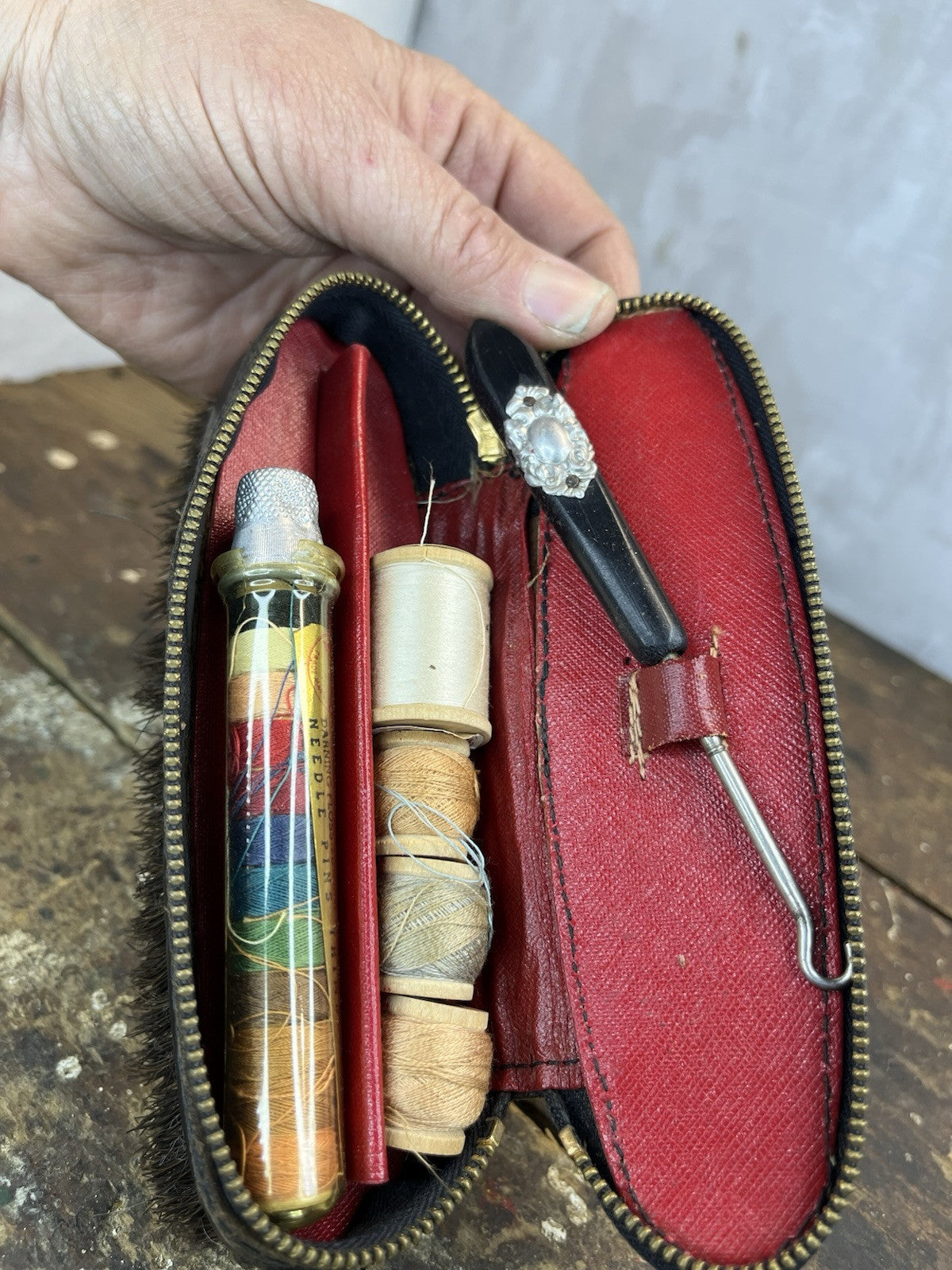 Vintage Leather Sewing Travel Kit W/Brush