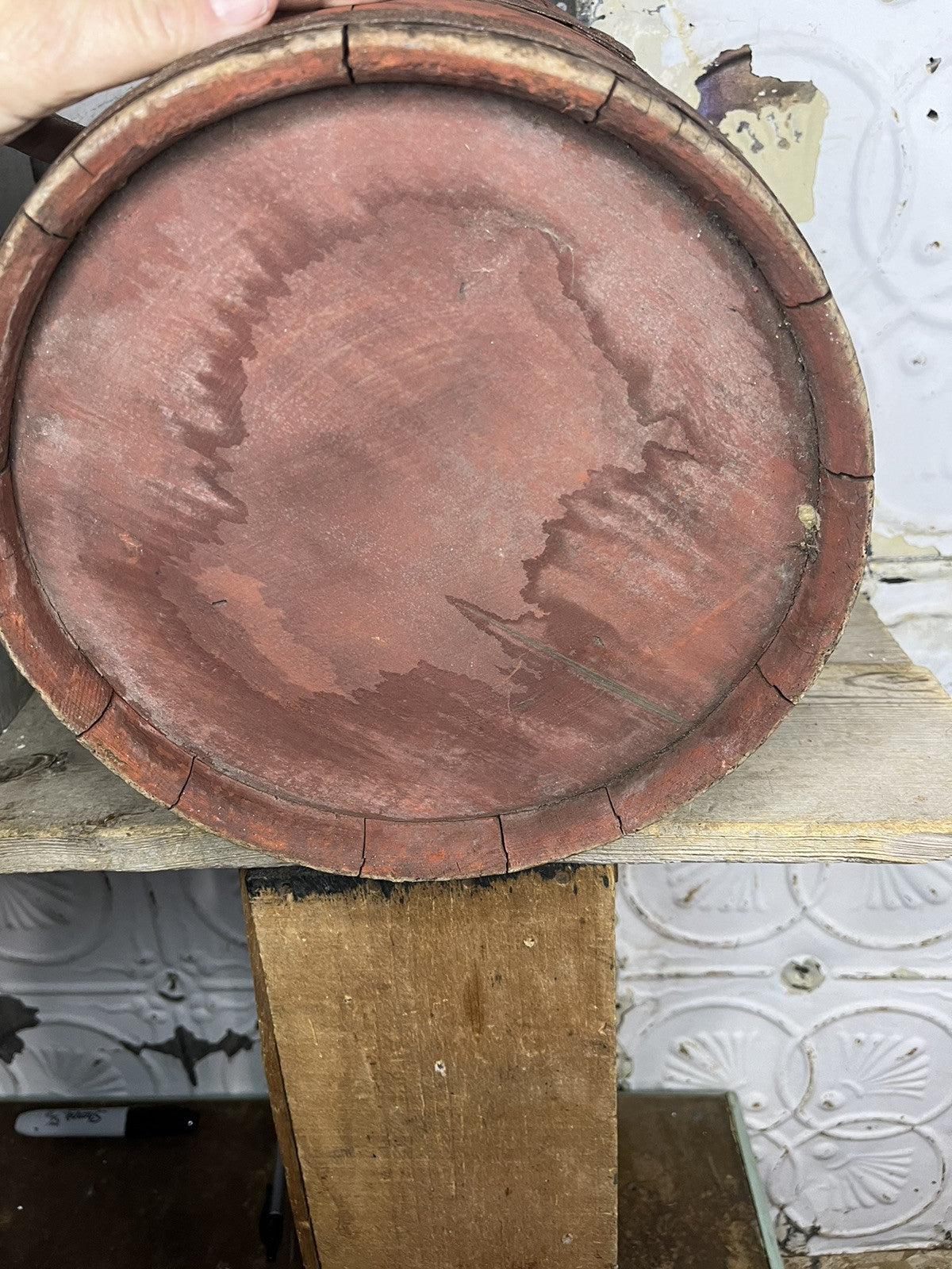Primitive Antique Original Red Milk Paint Sap Bucket Home Decor Farm