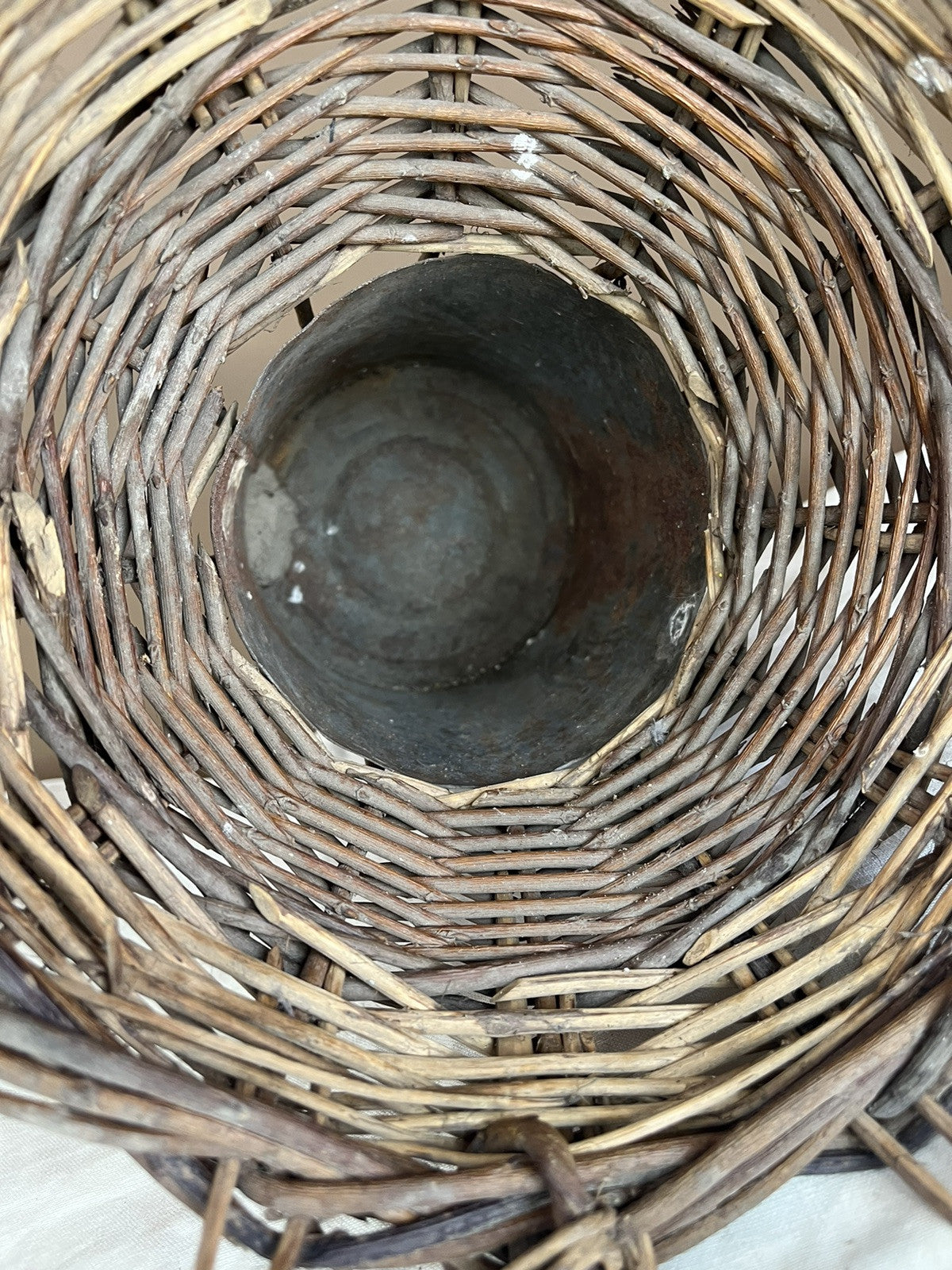 Primitive Antique Twig Basket With Metal Insert Home Decor