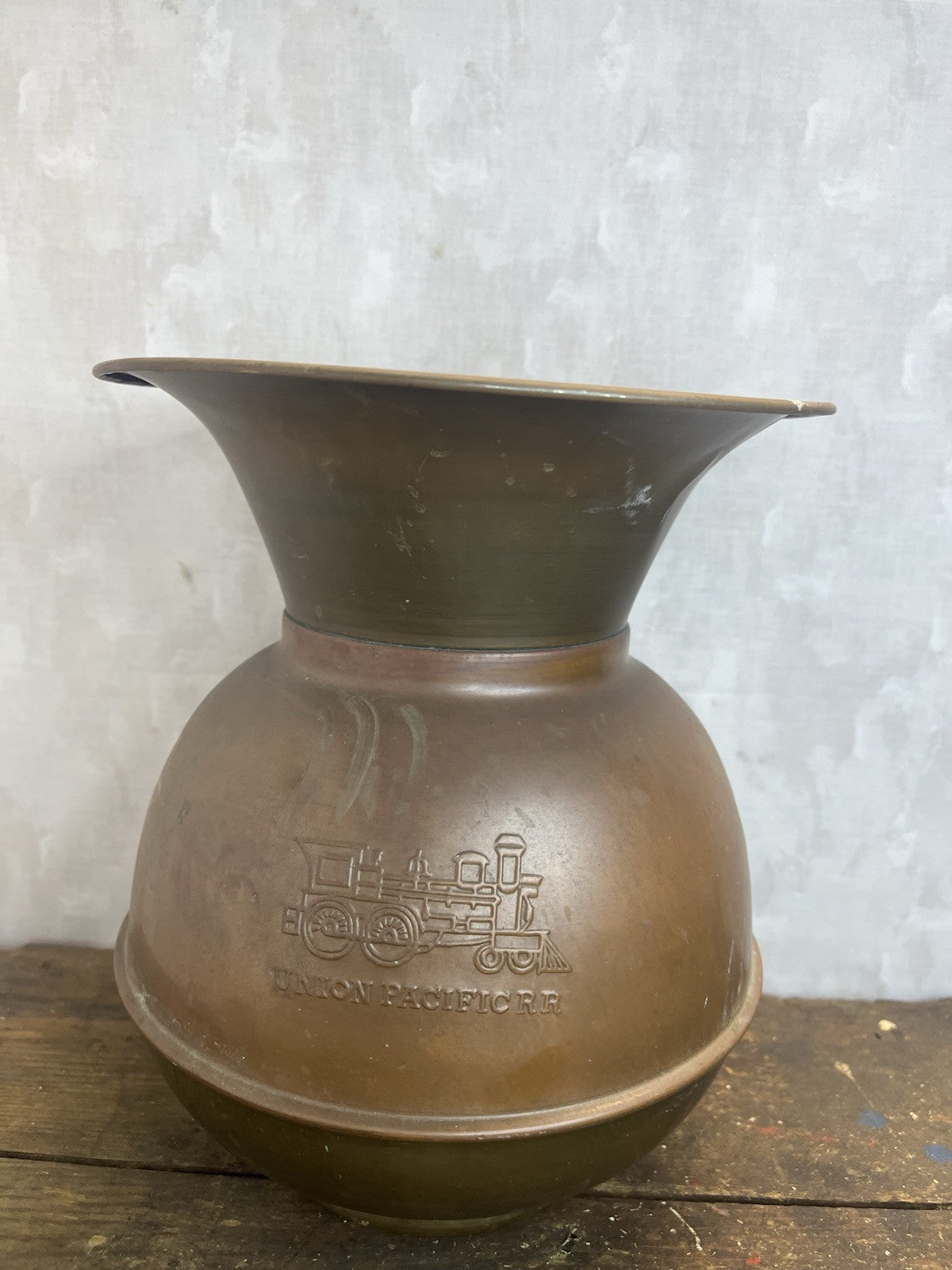 Vintage Collectible Mancave Double Sided Union Pacific Railroad Spittoon Brass