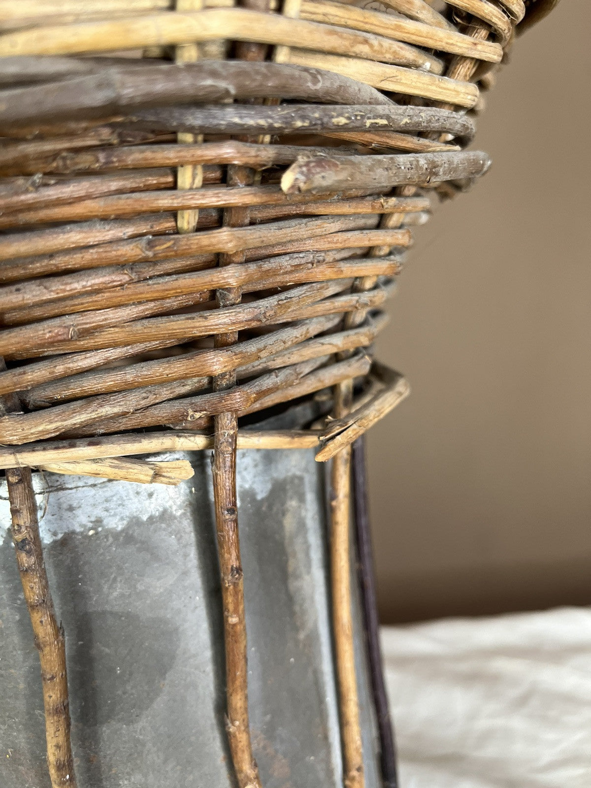Primitive Antique Twig Basket With Metal Insert Home Decor