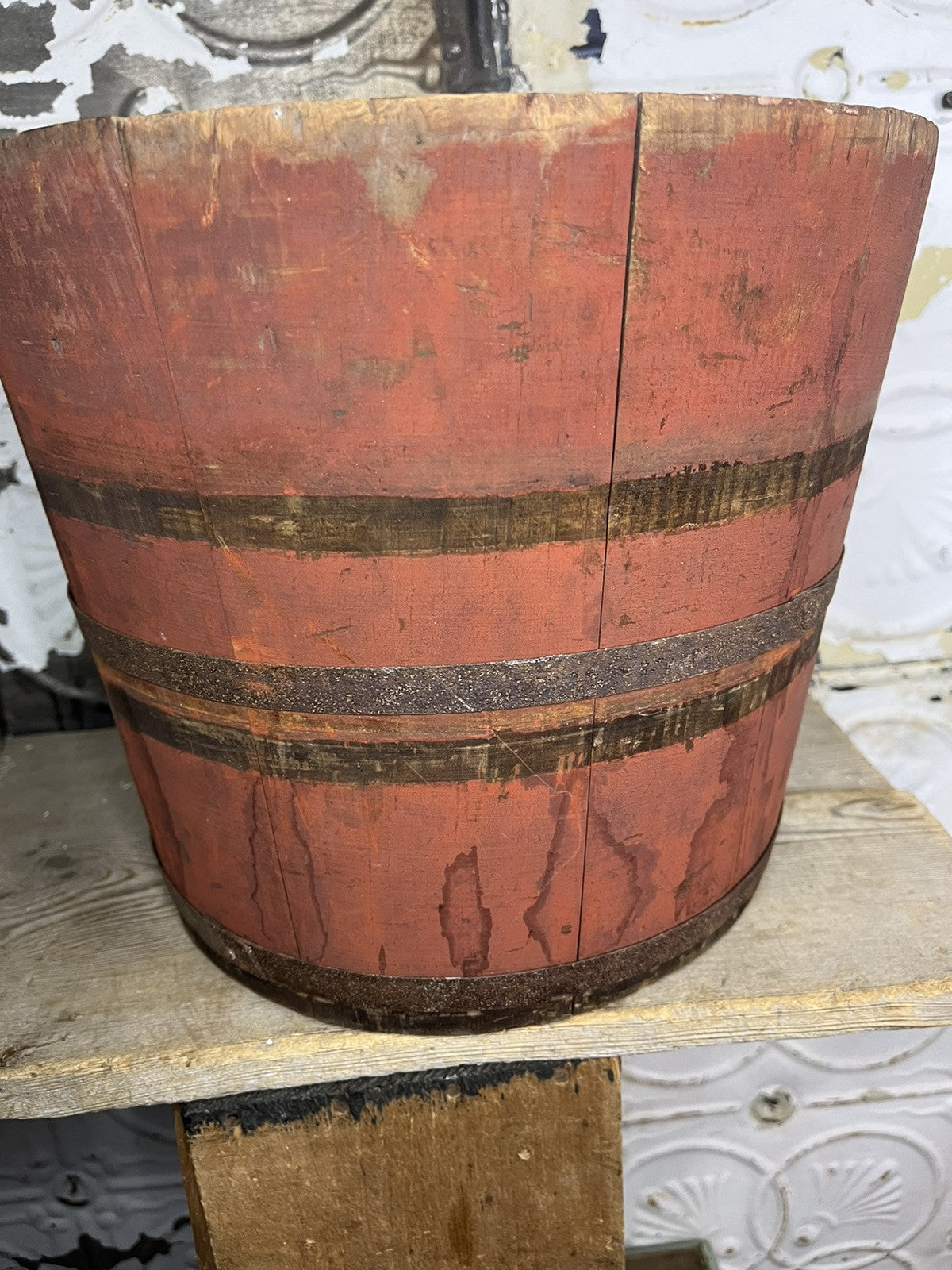 Primitive Antique Original Red Milk Paint Sap Bucket Home Decor Farm