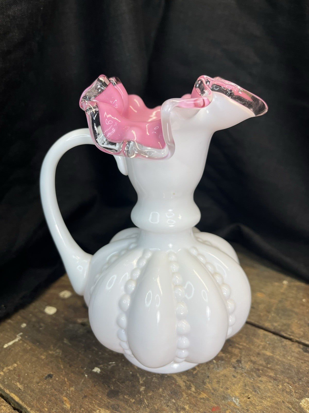 Vintage Collectible Pink & White Ruffled Fenton Pitcher