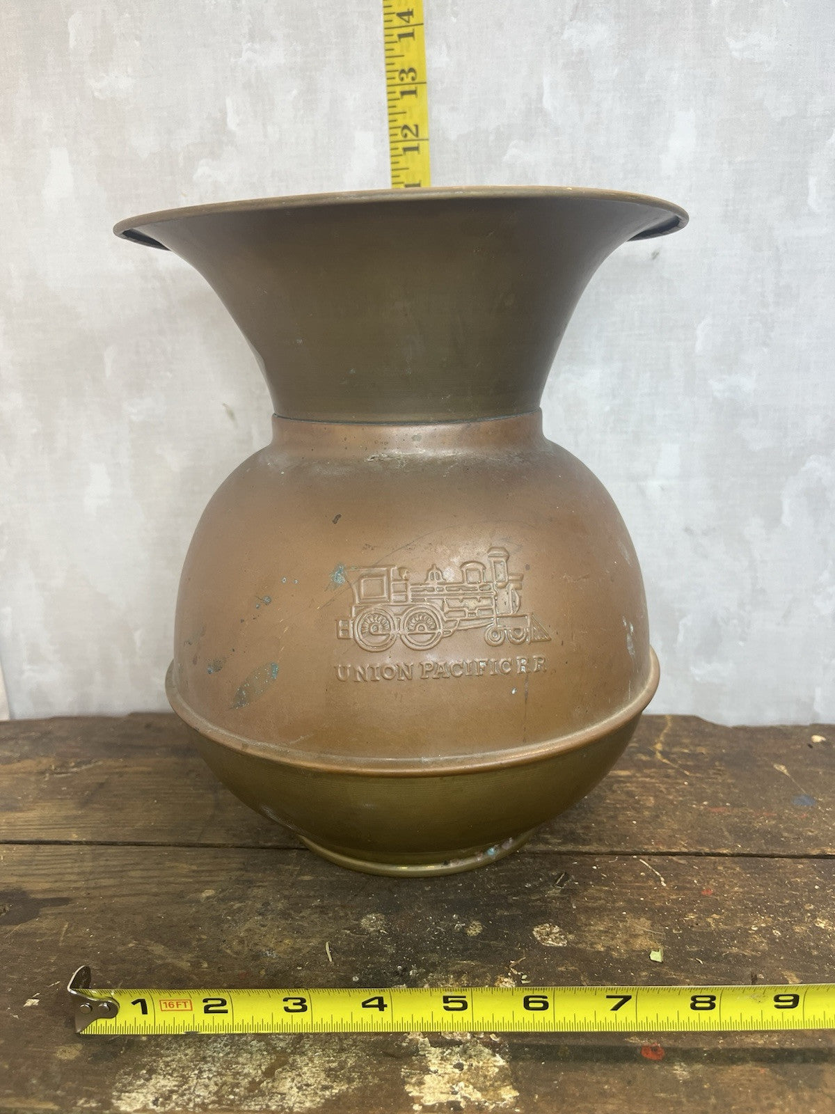 Vintage Collectible Mancave Double Sided Union Pacific Railroad Spittoon Brass