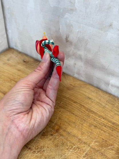 Vintage Christmas Knee Hugger Elf Pixie Green Plaid Japan Ornament #1632