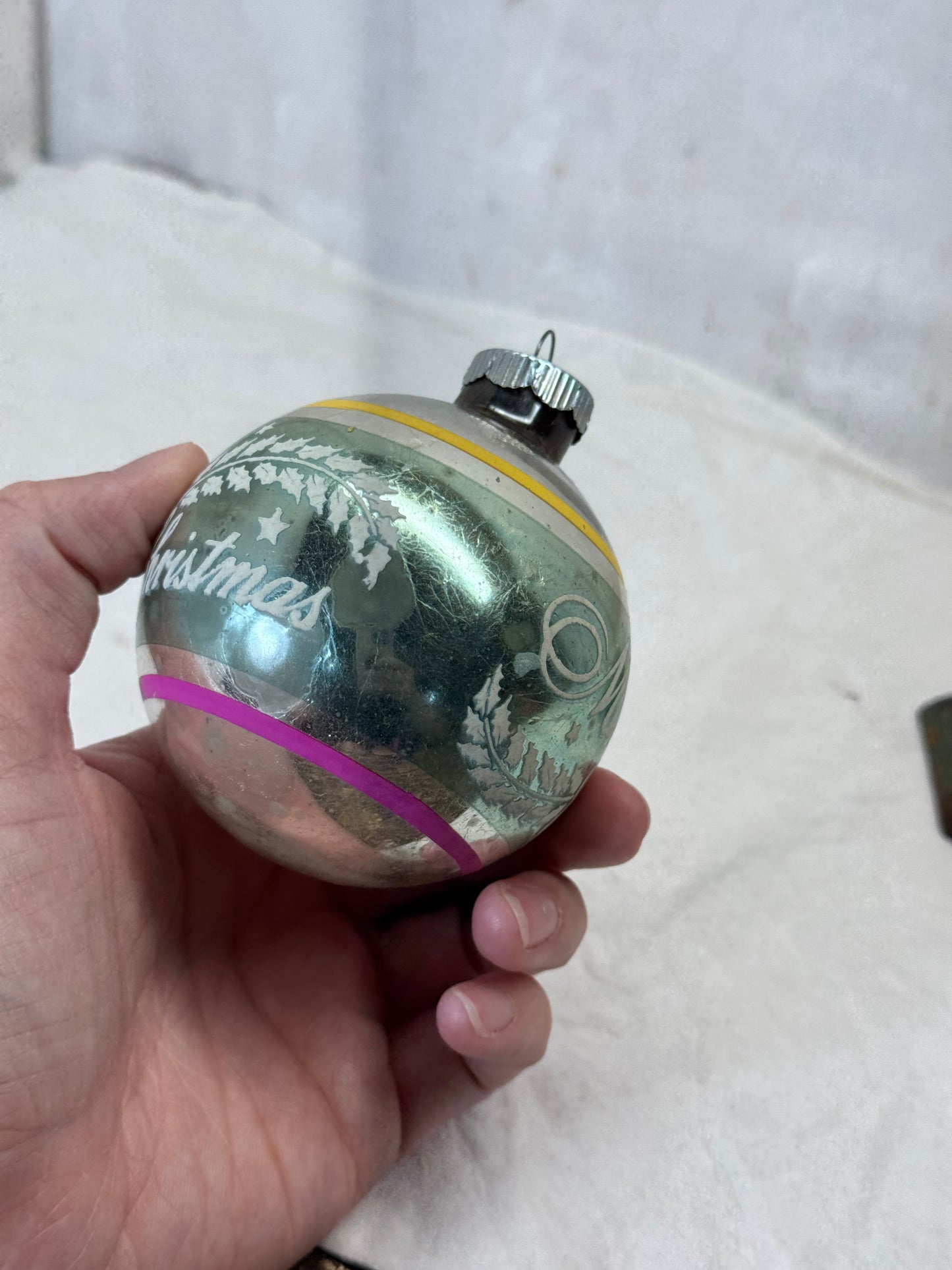 Shiny Brite Merry Christmas Stencil Stripe Glass Ornament Vintage #2153