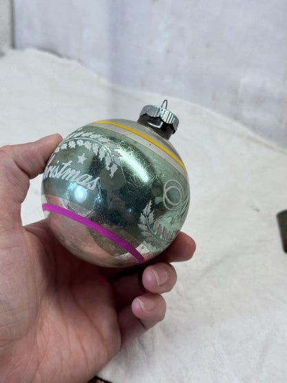 Shiny Brite Merry Christmas Stencil Stripe Glass Ornament Vintage #2153