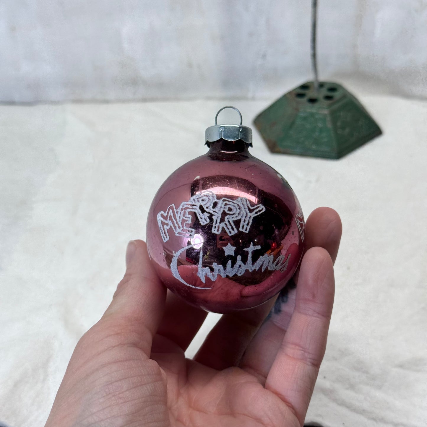 Pink Stenciled Merry Christmas Glass Ornament Vintage #2068