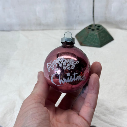 Pink Stenciled Merry Christmas Glass Ornament Vintage #2068