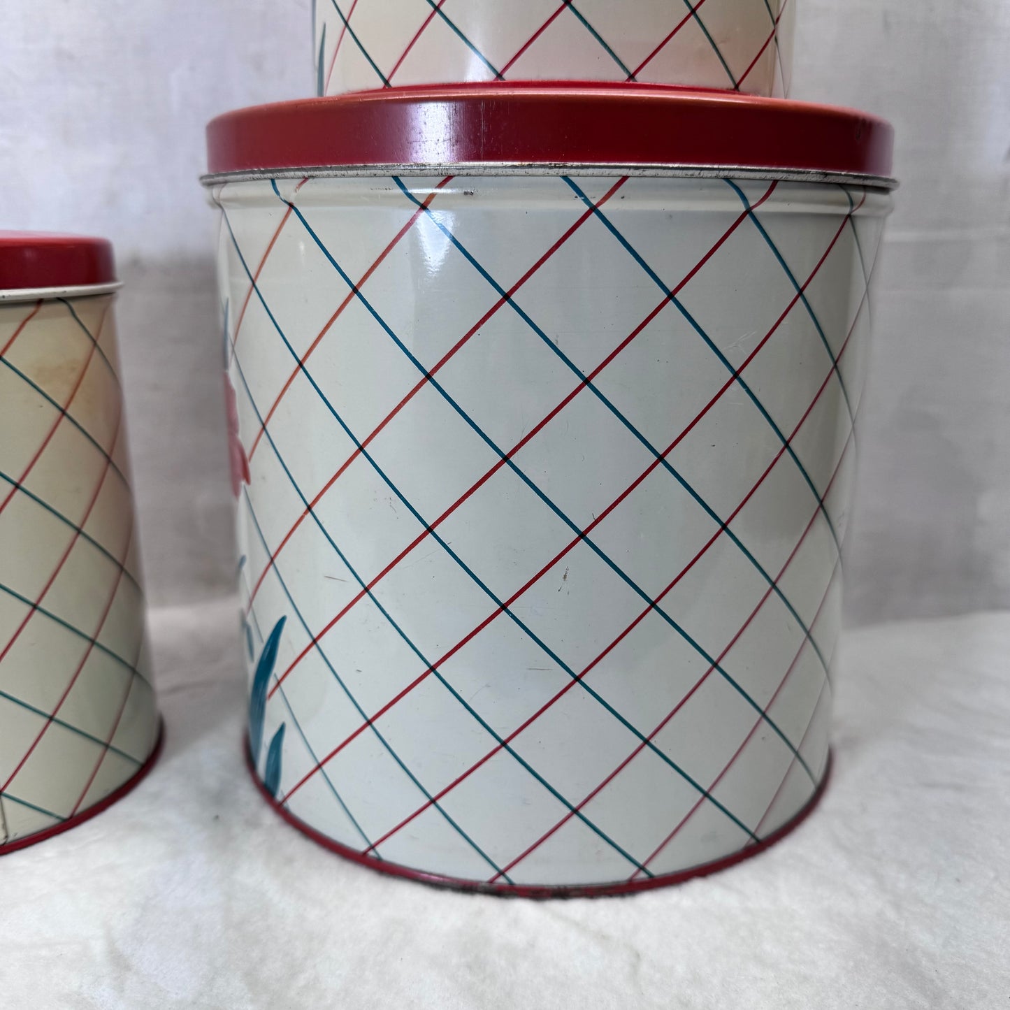 Red Green Floral Kitchen Canister Christmas Tin Set Vintage #2195