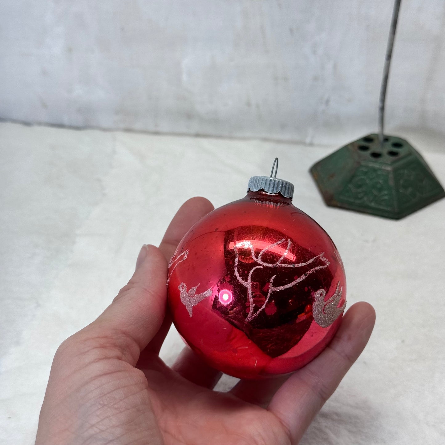 Red Stenciled Doves Glass Shiny Brite Ornament Vintage #2064