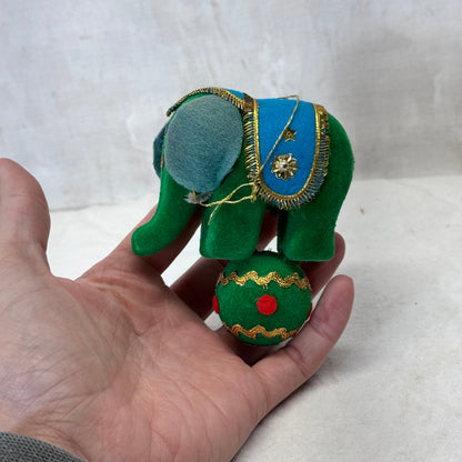 Flocked Green Circus Elephant Ornament  Vintage Japan #2146