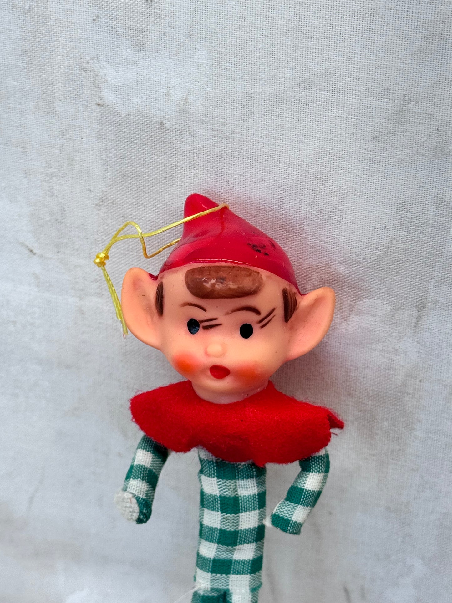 Vintage Christmas Knee Hugger Elf Pixie Green Plaid Japan Ornament #1632