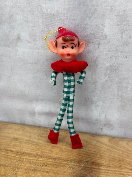 Vintage Christmas Knee Hugger Elf Pixie Green Plaid Japan Ornament #1632