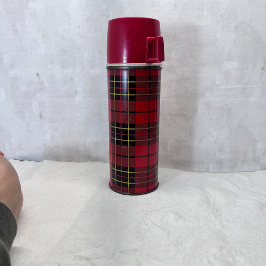 Red Black Plaid Christmas Thermos Metal Vintage #2053