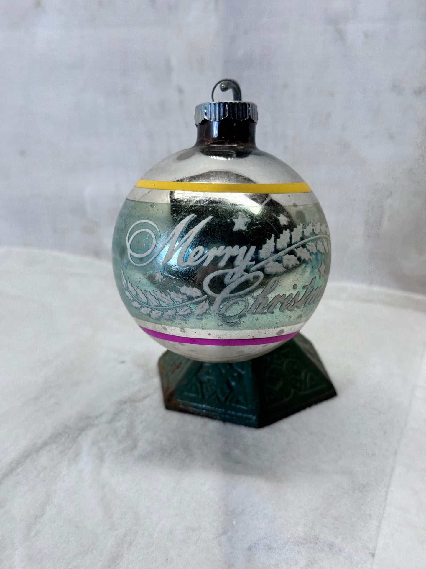 Shiny Brite Merry Christmas Stencil Stripe Glass Ornament Vintage #2153