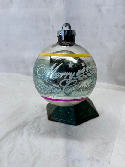 Shiny Brite Merry Christmas Stencil Stripe Glass Ornament Vintage #2153