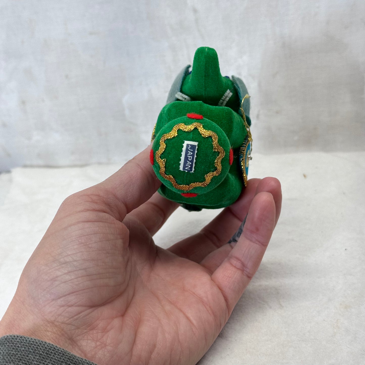 Flocked Green Circus Elephant Ornament  Vintage Japan #2146