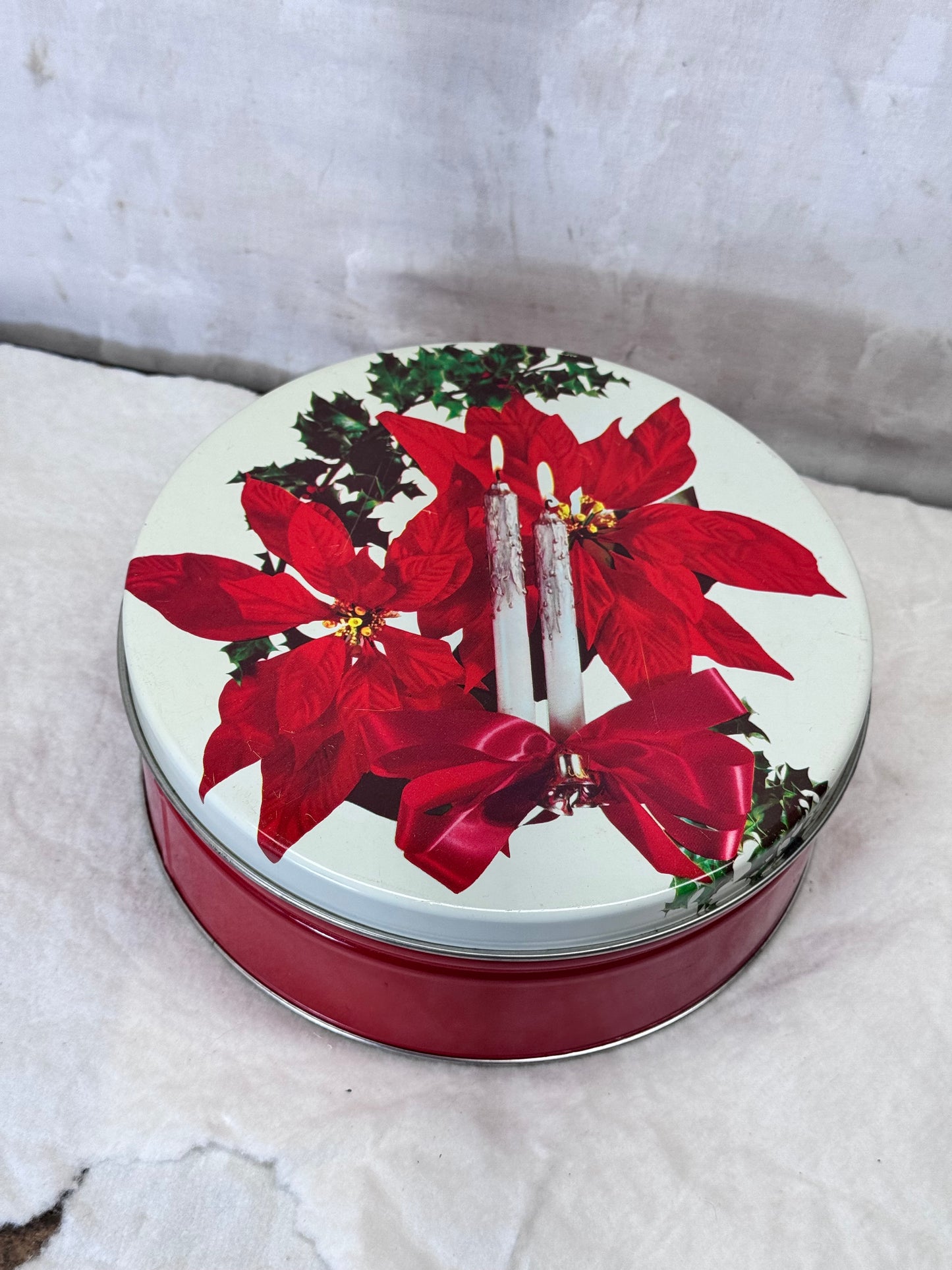 Poinsettia Christmas Tin Round Empty Vintage #1890