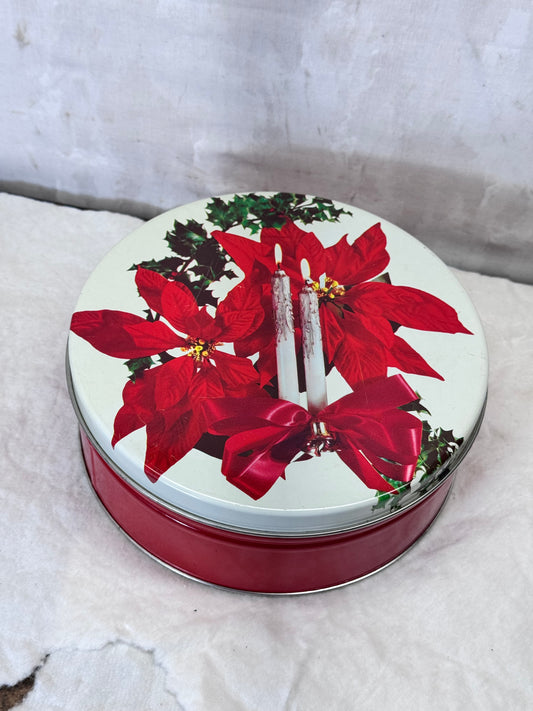 Poinsettia Christmas Tin Round Empty Vintage #1890