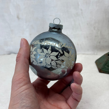 Christmas Cheer Blue Shiny Brite Glass Ornament Vintage #2066