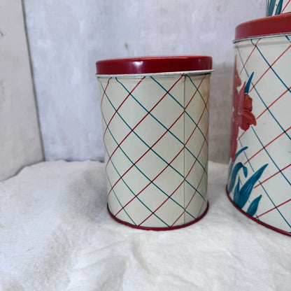 Red Green Floral Kitchen Canister Christmas Tin Set Vintage #2195