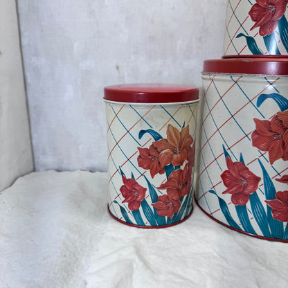 Red Green Floral Kitchen Canister Christmas Tin Set Vintage #2195