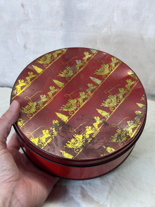 Santa’s Sleigh Christmas Tin Round Empty Vintage #1889