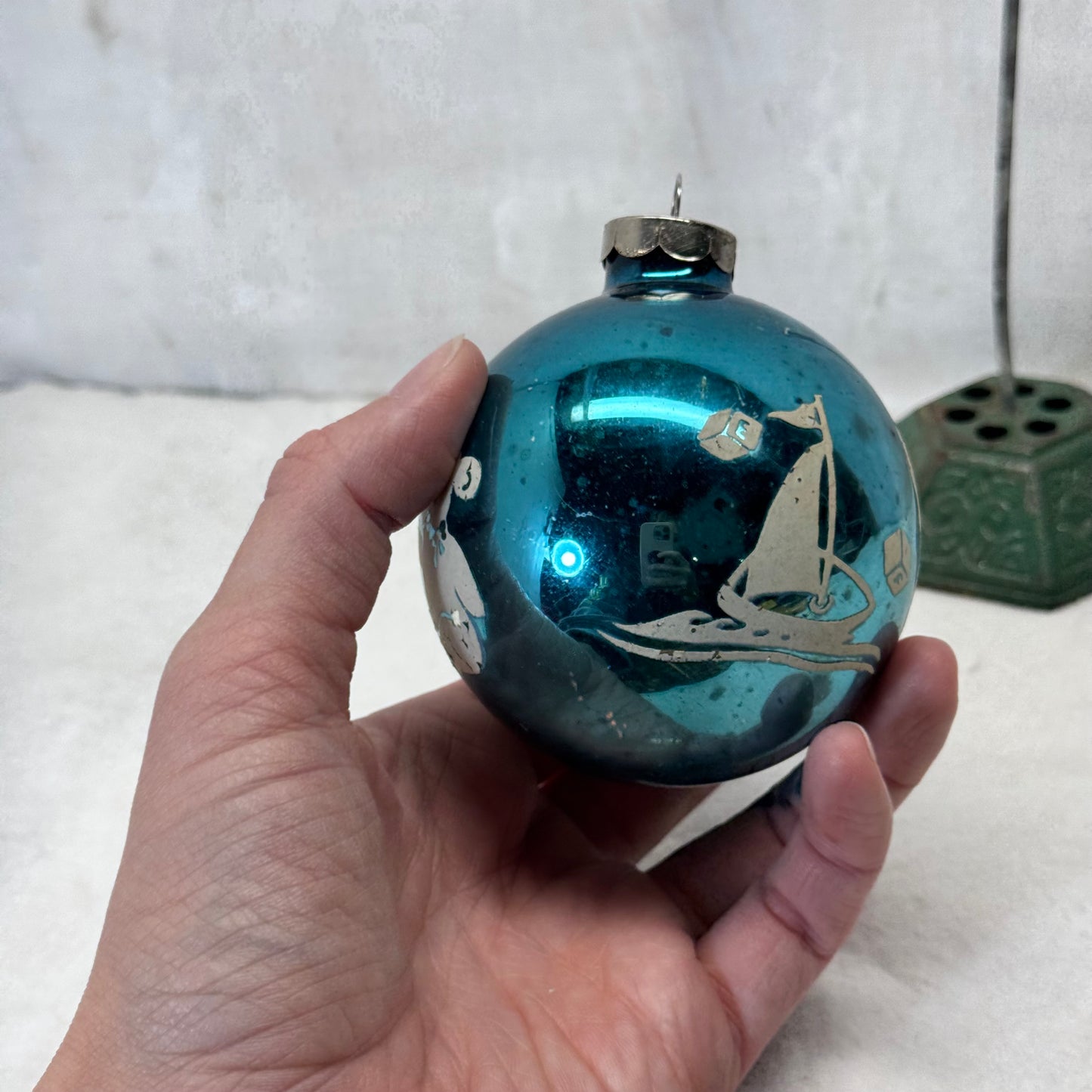 Blue Stenciled Glass Ornament Shiny Brite Vintage #2065