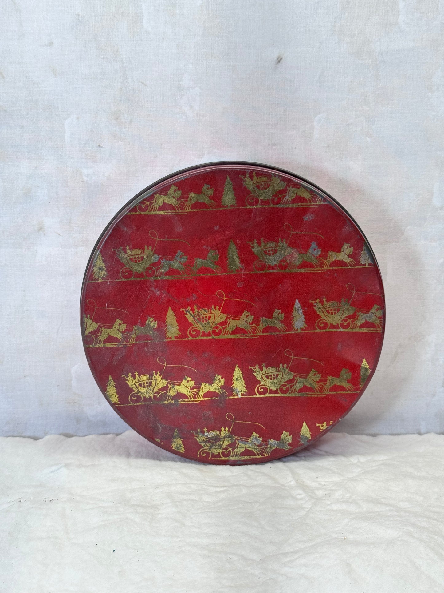 Santa’s Sleigh Christmas Tin Round Empty Vintage #1889