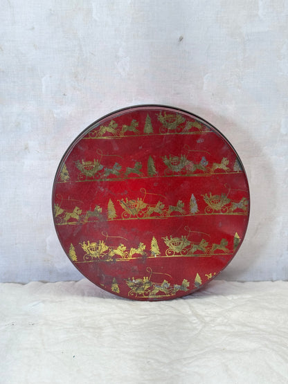 Santa’s Sleigh Christmas Tin Round Empty Vintage #1889