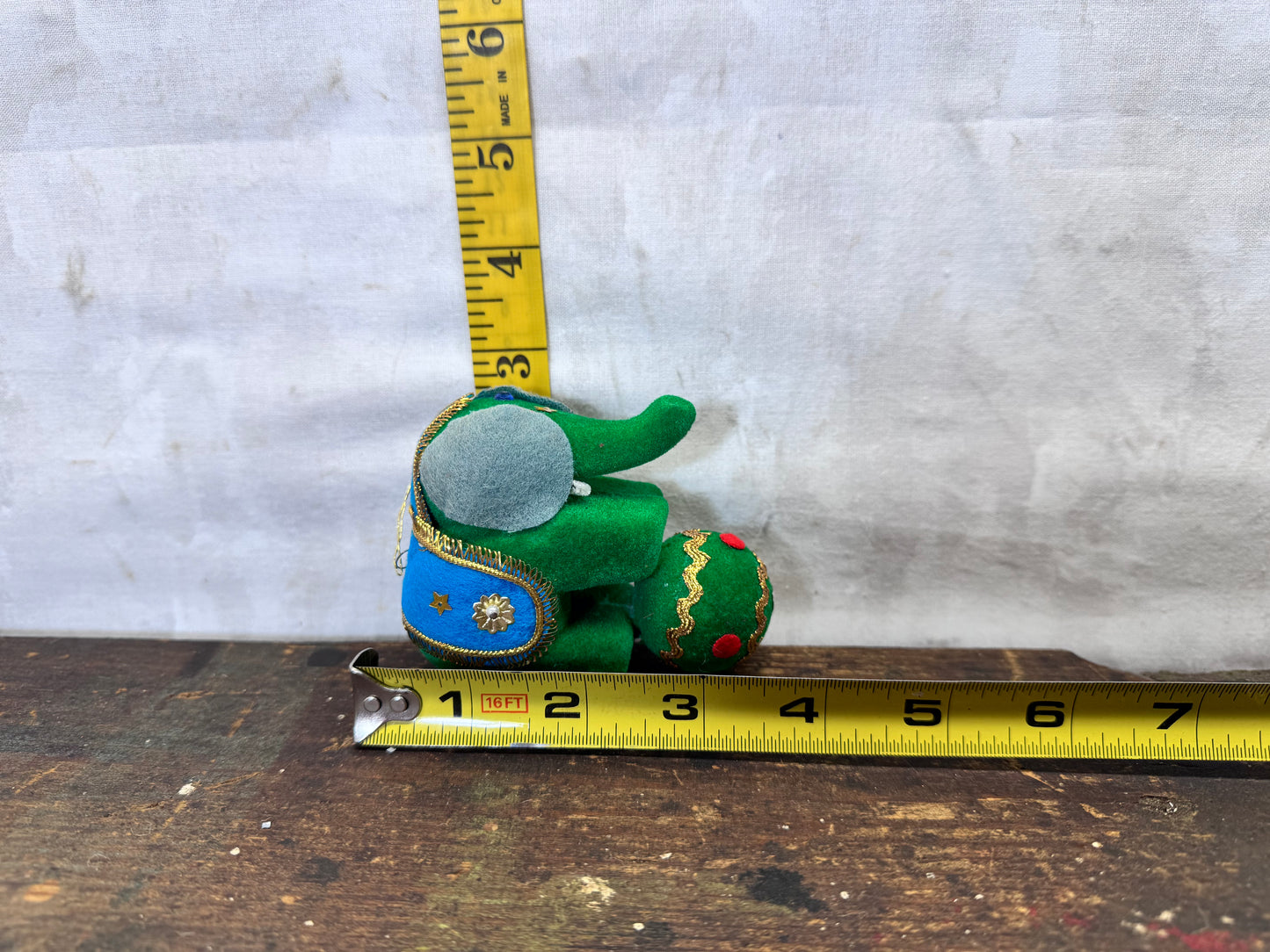 Flocked Green Circus Elephant Ornament  Vintage Japan #2146