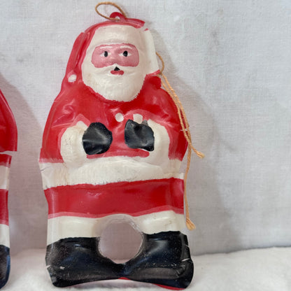 3 Thin Plastic Santa Cut-Out Ornaments Flawed Vintage #2096