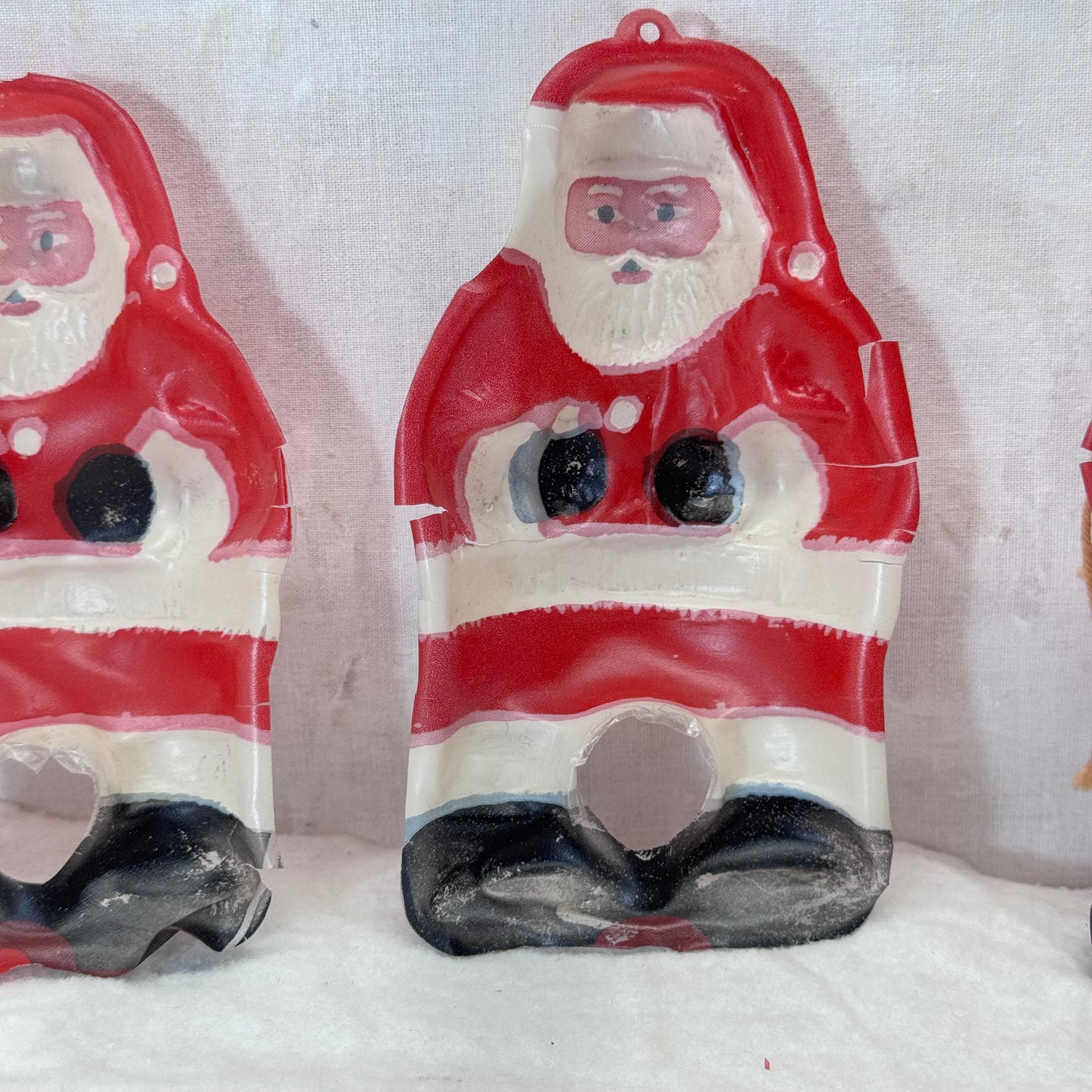 3 Thin Plastic Santa Cut-Out Ornaments Flawed Vintage #2096