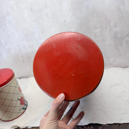 Red Green Floral Kitchen Canister Christmas Tin Set Vintage #2195