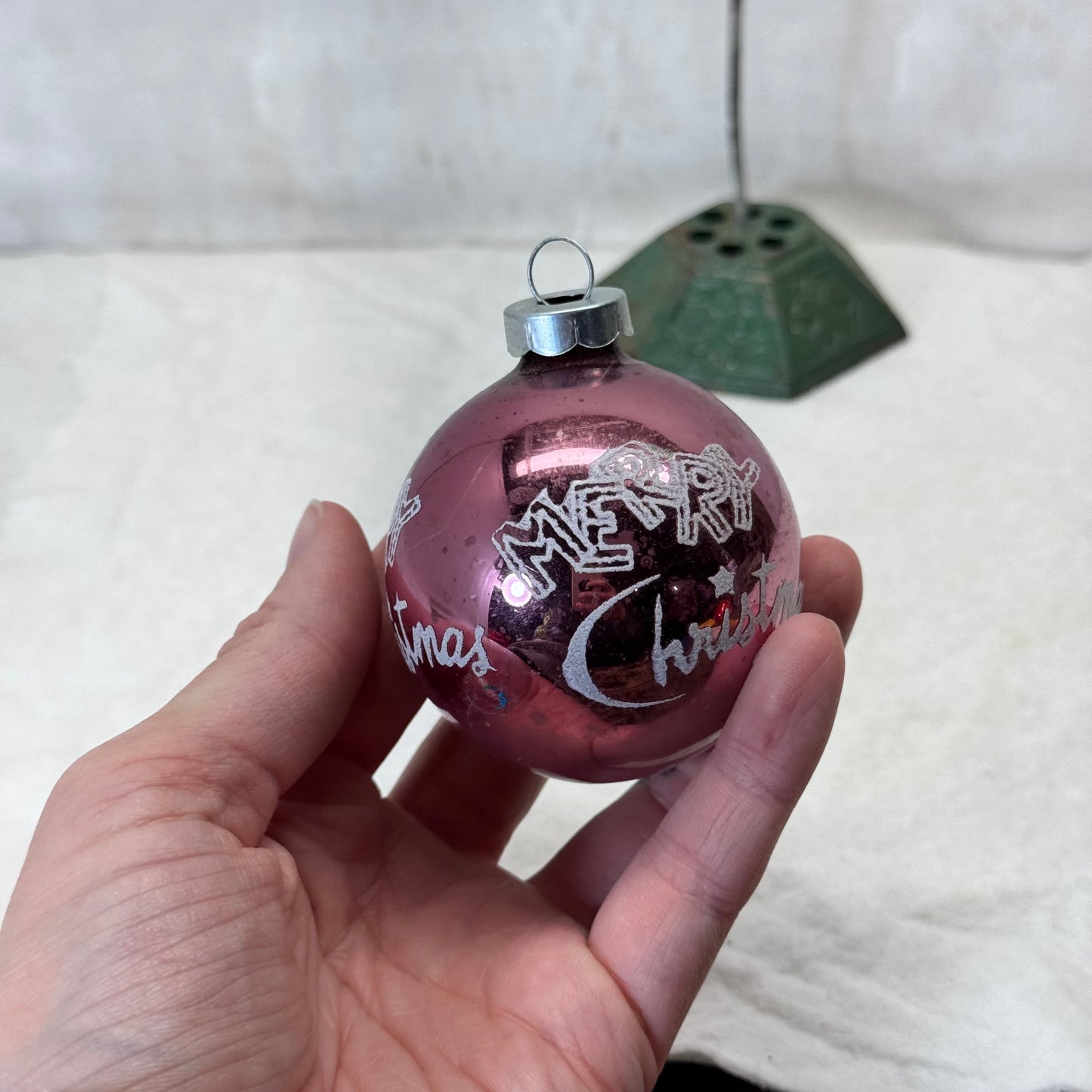 Pink Stenciled Merry Christmas Glass Ornament Vintage #2068