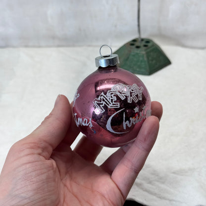 Pink Stenciled Merry Christmas Glass Ornament Vintage #2068