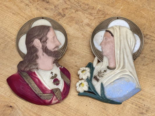 Mid Century Celluloid Religious Jesus And Mary Wall Plaques#1322