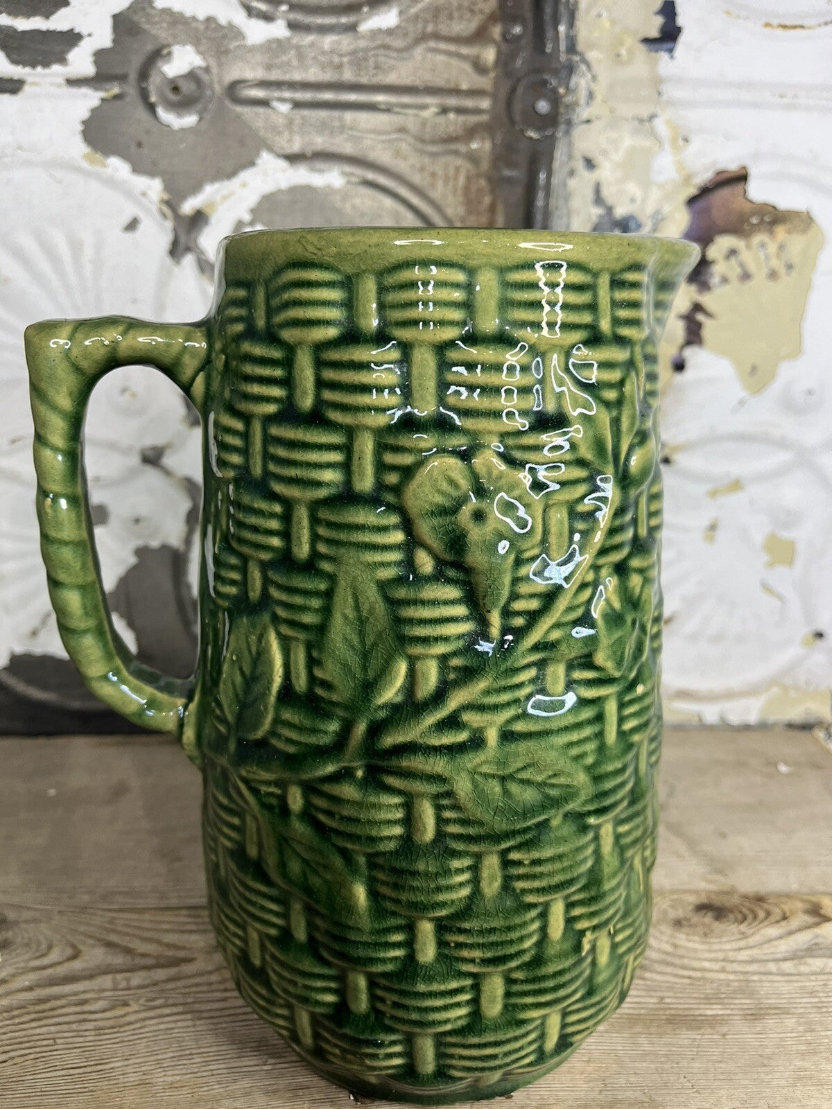 Primitive Antique Greenware Basket Weave Pitcher, Collectible,home Decor 