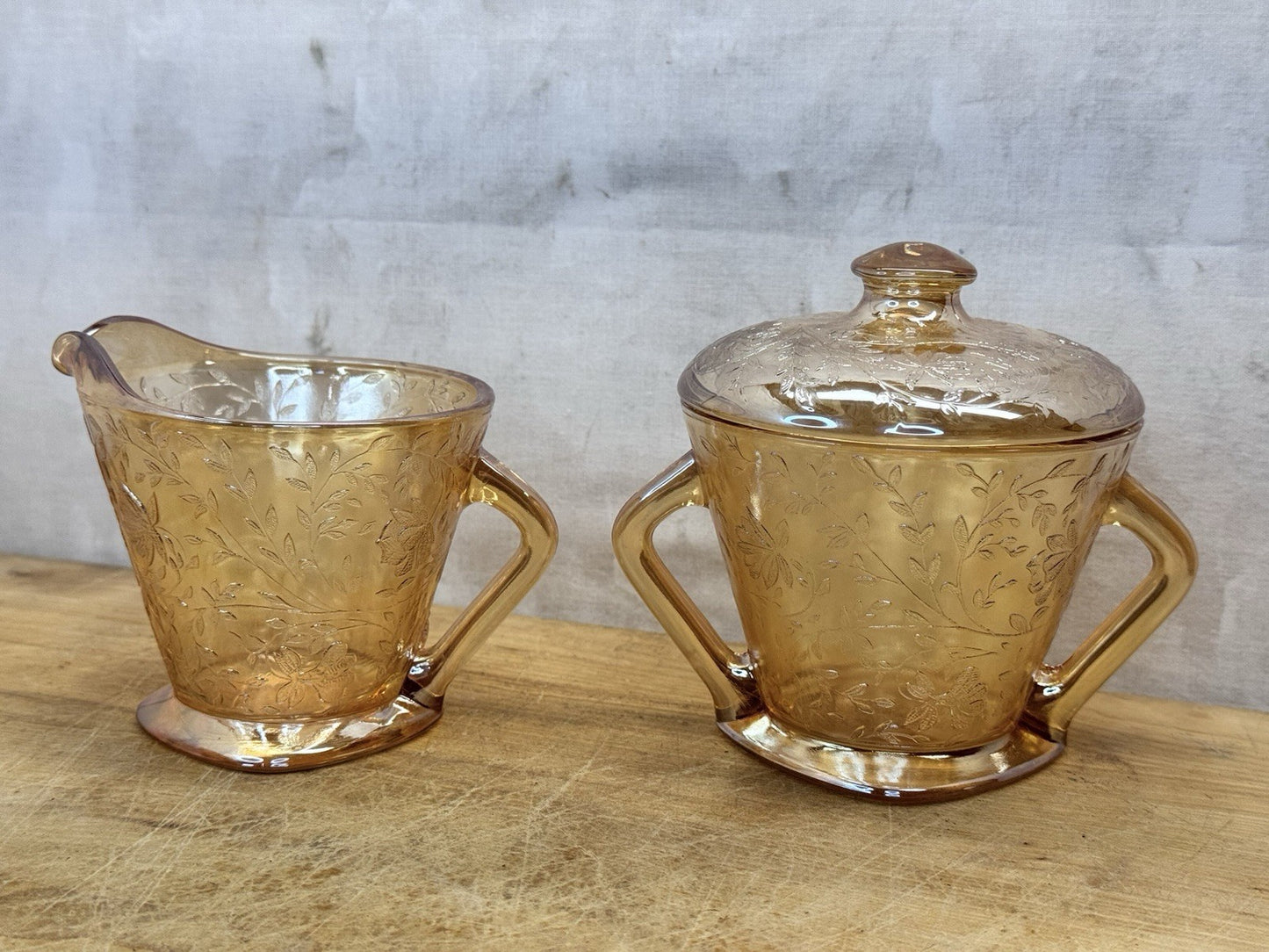 Vtg Jeanette Glass Floragold Louisa Creamer & Sugar Bowl With Lid #1447