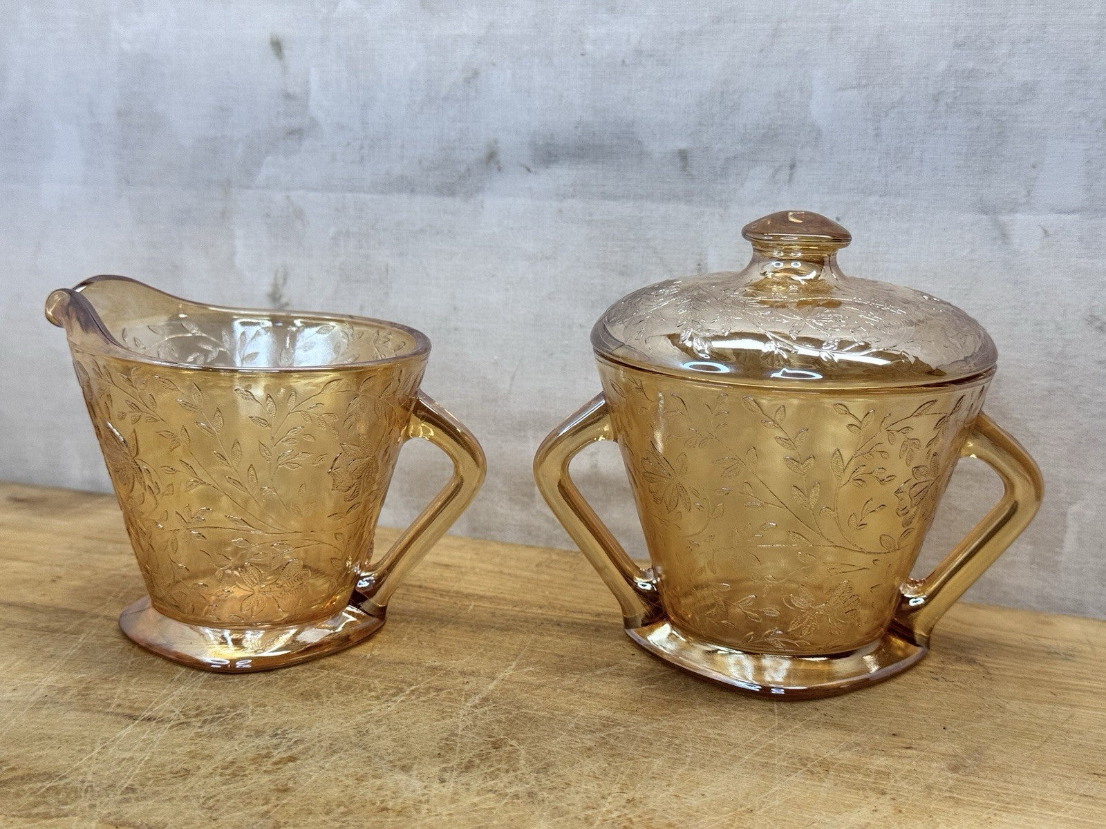 Vtg Jeanette Glass Floragold Louisa Creamer & Sugar Bowl With Lid #1447