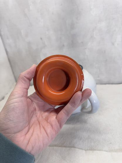 Vintage White Orange And Black Enamelware Double Handle Pot 