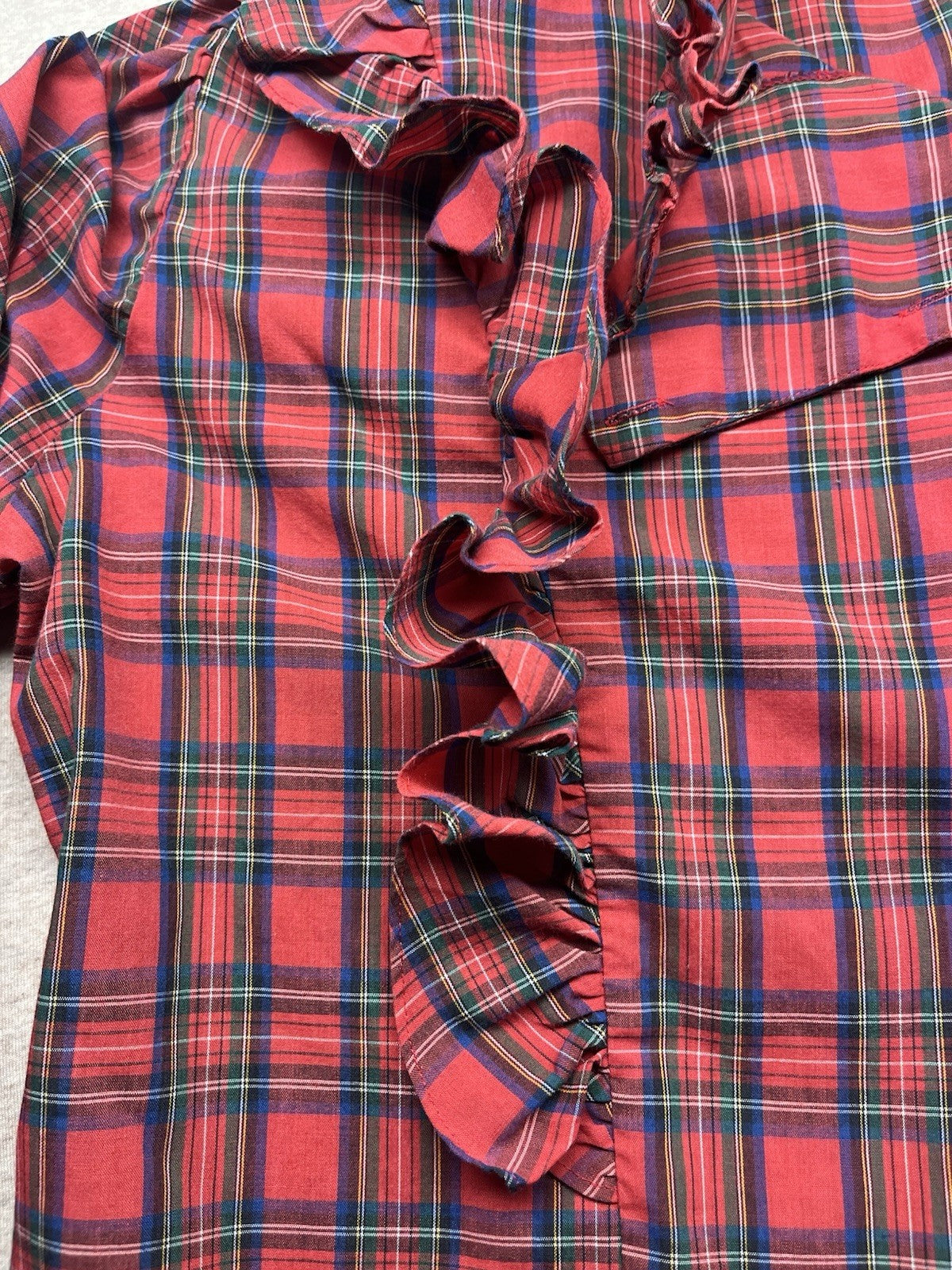 1970s, 80s Women’s Red Plaid Western L Sleeve Cotton Ruffles Top