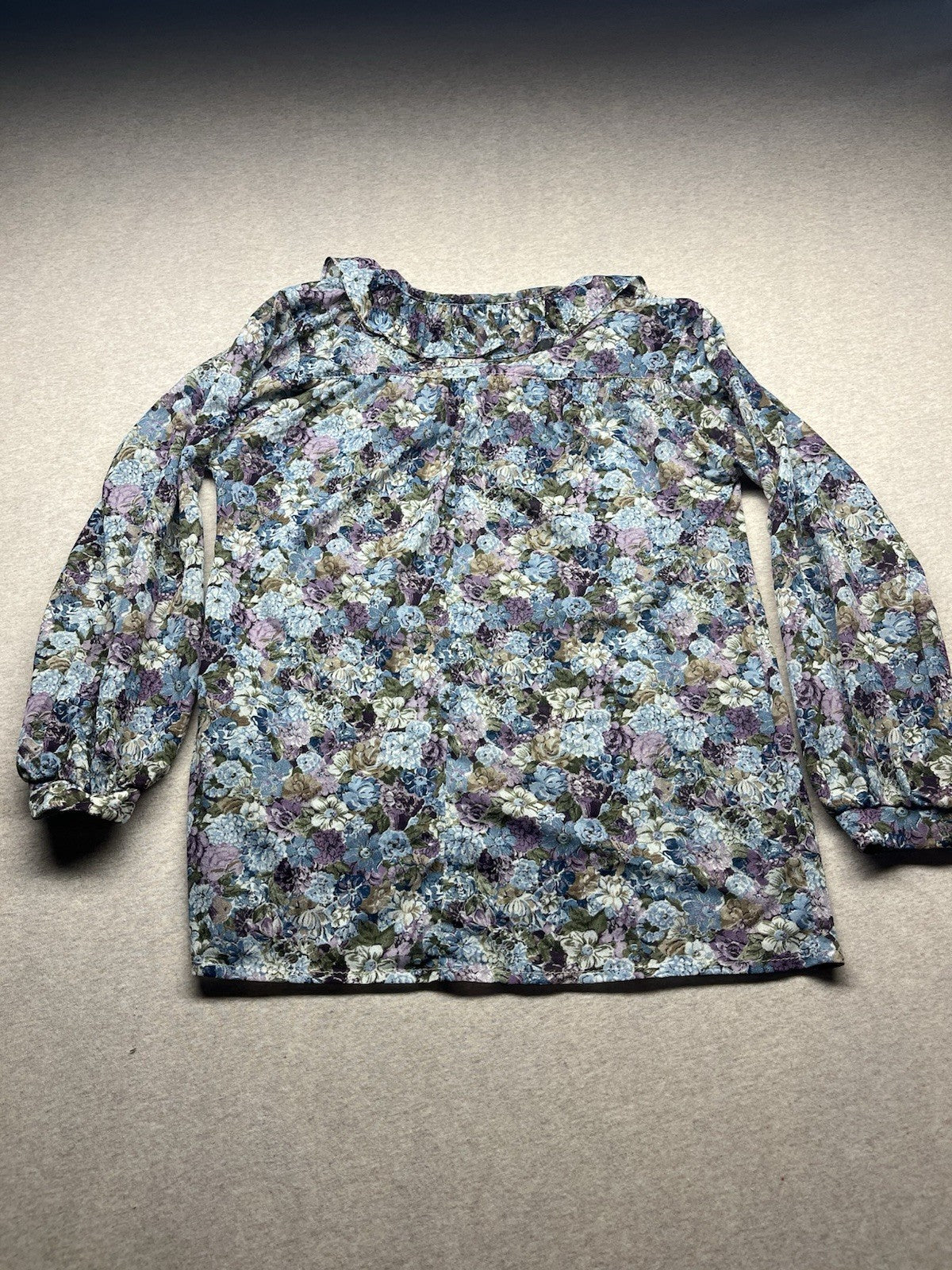 1960s, 70s Women’s Ruffled Knit Sheer Floral Print L Sleeve Top