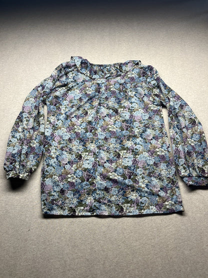 1960s, 70s Women’s Ruffled Knit Sheer Floral Print L Sleeve Top