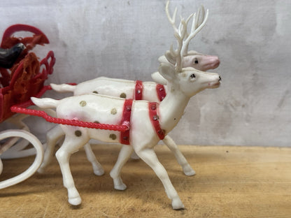 Vtg  Christmas Red Flocked Plastic Santa’s Sleigh & 4 White Reindeer #1592