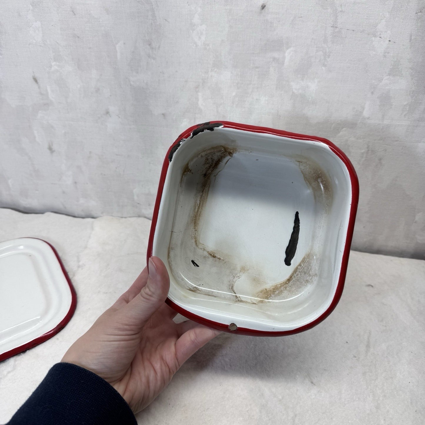 Red And White Enamelware Butter Fridge Dish Vintage