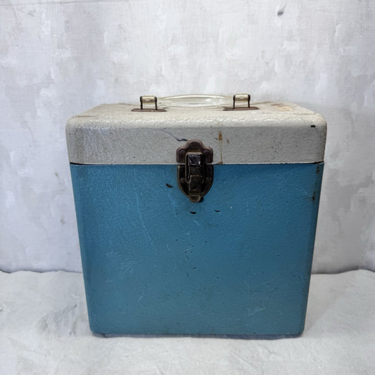 Blue And White Metal Record Case W/ Handle Vintage